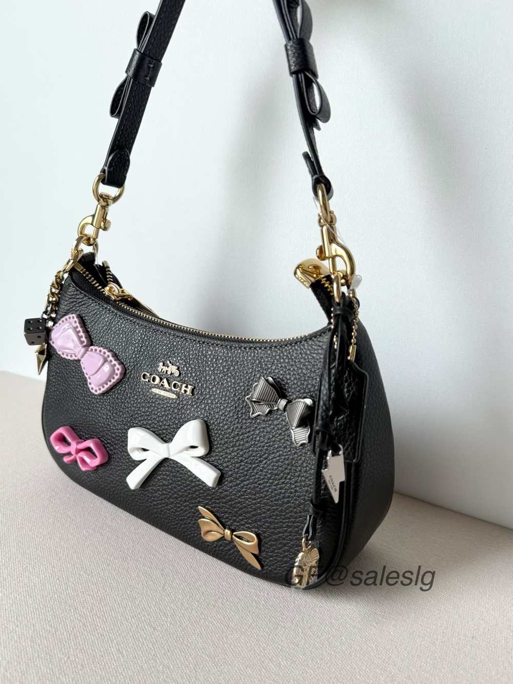 Coach Teri Shoulder Bag Black Pebble Leather Bow Charm Set CDY93 NWT - Picture 2 of 15